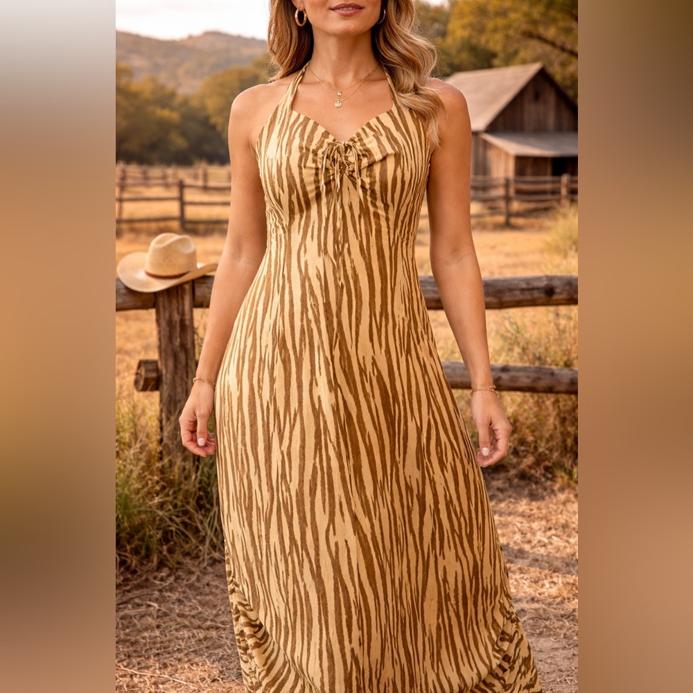 Backyard Roses Ryder Midi Dress Zebra Print Ruched Tie Size M NWT